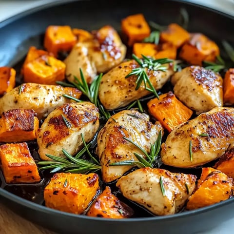 A pan of golden chicken with roasted orange sweet potatoes and fresh herbs on top.