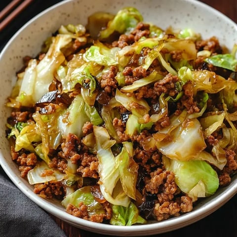 A dish of stir-fried beef and cabbage with mushrooms on top.