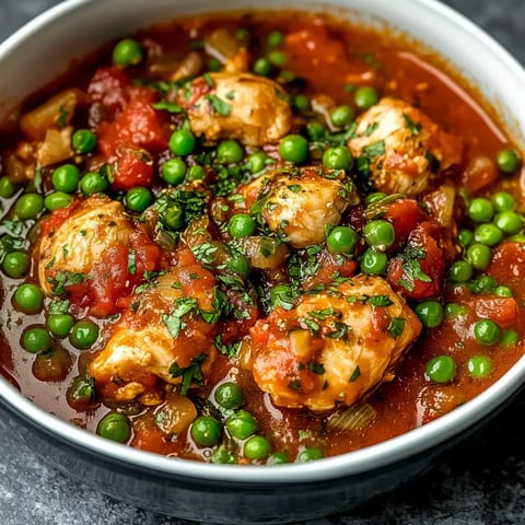 A bowl filled with slow-cooked chicken thighs, tomato sauce, fresh herbs, and peas.