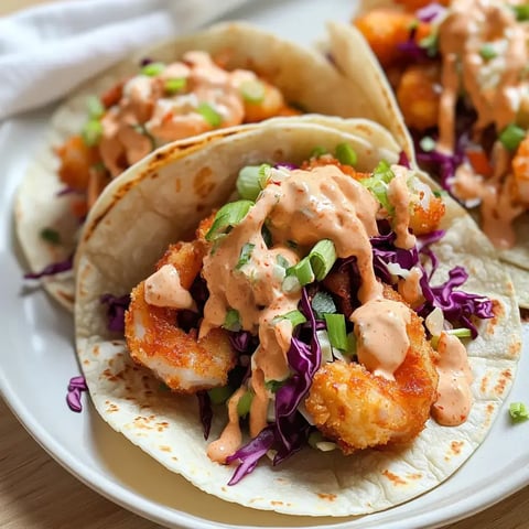 Plate holding three tacos filled with crispy shrimp, purple slaw, and creamy sauce.