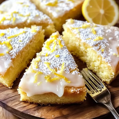 Slices of soft lemon cake with glaze and powdered sugar on a wooden platter with fresh lemon garnish.
