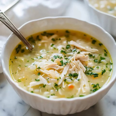 A warm bowl of tender chicken soup, finished with parsley sprinkles.