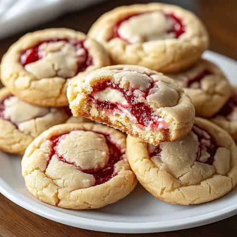 Cookies with cream and jam filling, one broken open to show inside.