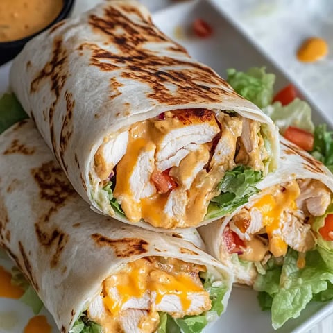 Three crispy chicken wraps stuffed with lettuce, tomato, cheesy goodness, served alongside a dipping sauce on a plate.