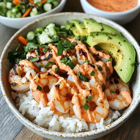 A serving of shrimp over rice with avocado slices, fresh herbs, and spicy mayo drizzled on top.