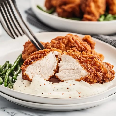 A close look at fried chicken on a plate with creamy sauce and green beans.