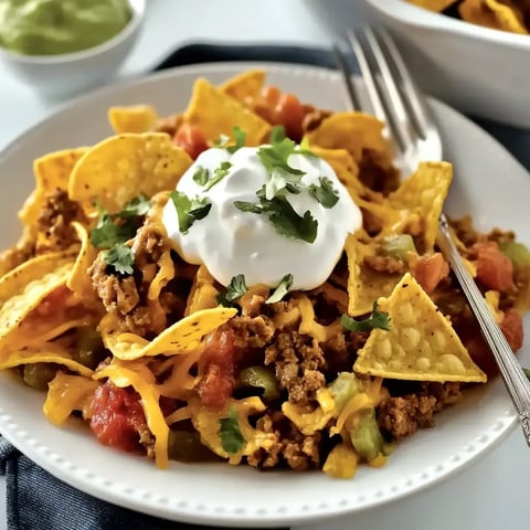 Close-up of nachos piled with beef, cheese, tomatoes, peppers, sour cream, and cilantro. A guacamole bowl is in the back.