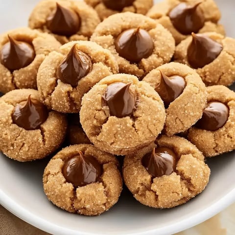 A close view of soft peanut butter cookies with chocolate kisses on a stacked plate.