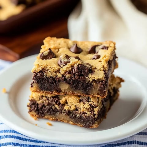 Stacked chocolate chip cookie and brownie dessert bars showing delicious layers of cookie dough and chocolate.