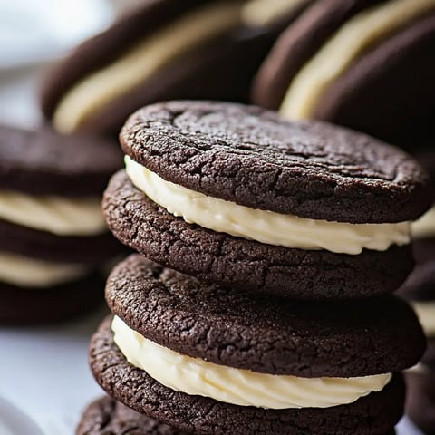 Stacked chocolate cookies with creamy filling, with blurred extras in the background.
