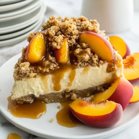 A slice of fluffy cheesecake topped with caramel drizzle, peach slices, and a crumble topping, served on a white plate with extra peach pieces on the side.