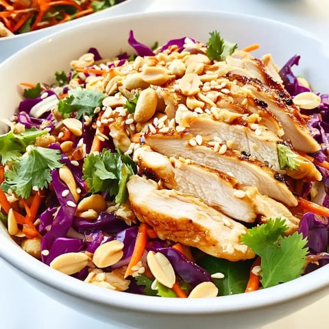 A vibrant bowl of salad with grilled chicken slices, red cabbage, shredded carrots, peanuts, sesame seeds, and fresh herbs sprinkled on top.