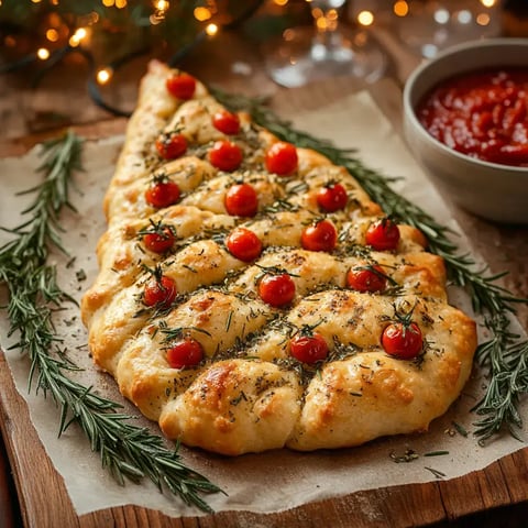 A Christmas tree-shaped bread with cherry tomatoes and herbs, next to marinara sauce.