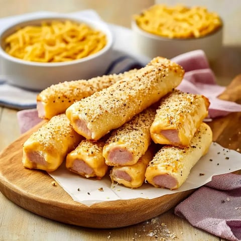 Crispy golden rolls stuffed with melted cheese on a wooden tray, surrounded by small bowls of shredded cheese.