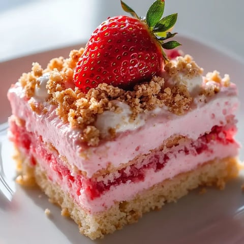 A rich strawberry dessert slice with cookie crumbs and fresh fruit on top.
