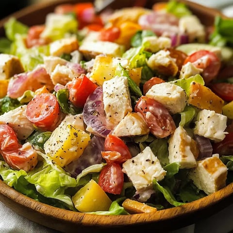 Bright salad in a wooden bowl with fresh greens, chopped chicken, vibrant tomatoes, pineapple chunks, and bell peppers.