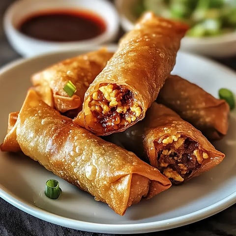 Golden fried rolls stuffed with a savory filling on a white plate, alongside dipping sauce.