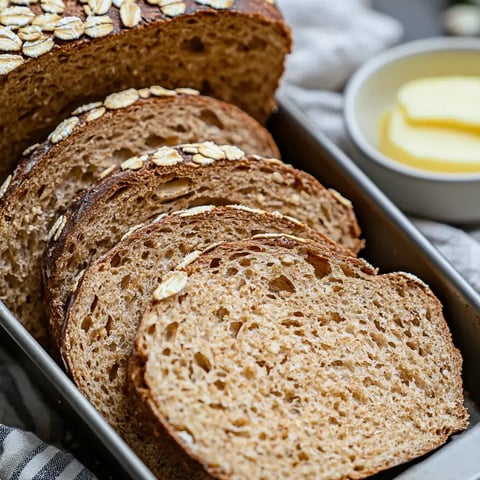 Whole grain bread slices with oats sitting in a tray next to butter in a bowl.