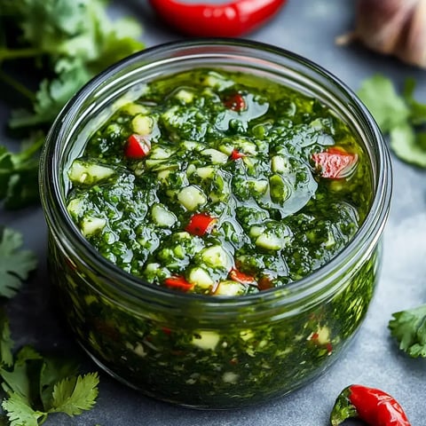 A jar brimming with a vibrant green herb blend, speckled with a mix of chopped veggies and a red chili, surrounded by fresh cilantro and a garlic bulb.
