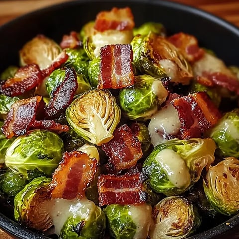 A bowl of crispy roasted Brussels sprouts with bacon and glaze up close.