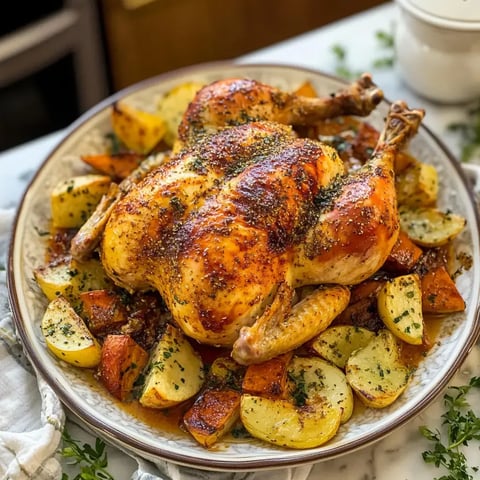 A golden, roasted chicken on a platter with crispy vegetables and fresh herbs, ready to serve.