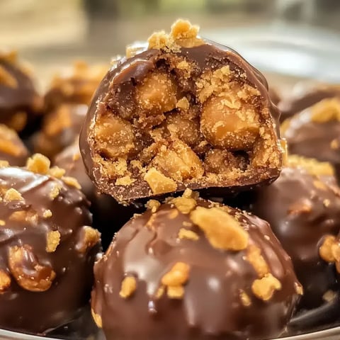 Close view of chocolate-coated peanut truffles, one sliced open to reveal the crunchy peanut butter center with crushed candy topping.