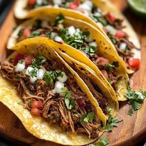 Three beef tacos topped with fresh cilantro, diced tomatoes, and onion on a wooden tray.
