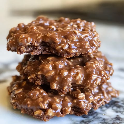 Three chocolate oatmeal cookies stacked, coated in shiny chocolate with nuts, placed on a marble countertop.