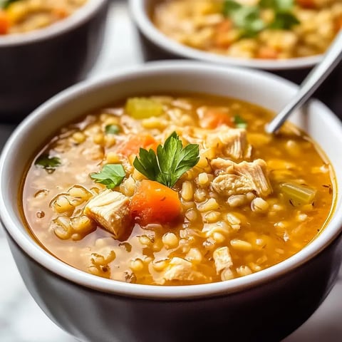 A warm bowl of chicken and barley soup, topped with parsley, chunks of chicken, and vegetables.
