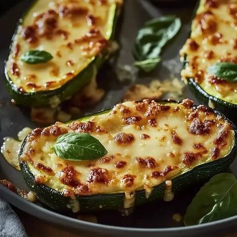 Cheesy roasted zucchini slices with basil on a dark plate.