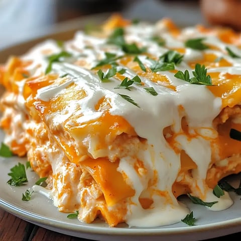 A close-up of a saucy, layered cheesy lasagna with parsley garnish and sour cream on top.