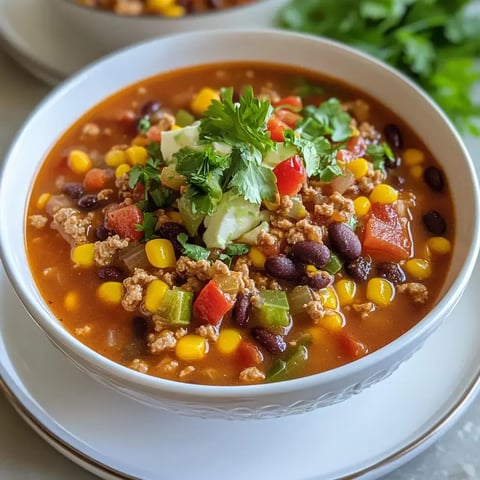 A comforting chili bowl topped with avocado and cilantro, featuring veggies, black beans, and ground beef.