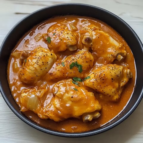 A dark bowl holding chicken pieces in a vibrant orange sauce, sprinkled with parsley and paired with onion chunks.