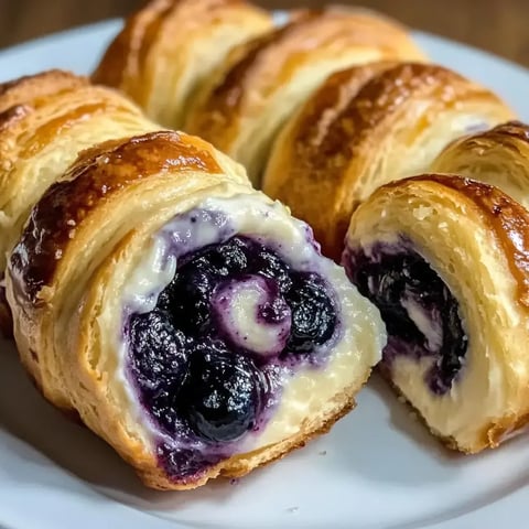 Golden crescent pastry rolls stuffed with cream cheese and blueberries, with one roll sliced open to reveal the rich filling.