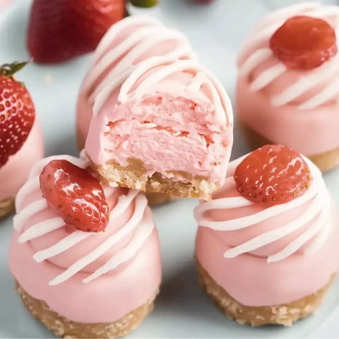 Zoomed view of small pink treats drizzled with white icing and topped with red strawberries. One has a bite missing.
