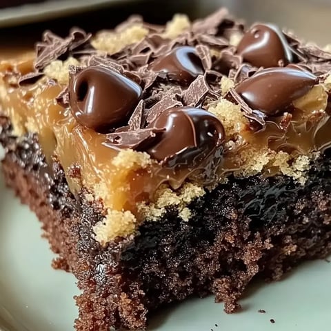 Up-close view of cake slice with layers of chocolate, gooey caramel, and coconut topping.