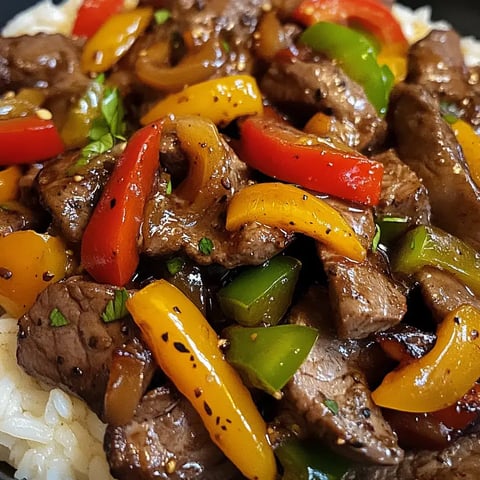 Seasoned beef and vibrant peppers stir-fried and served over white rice.