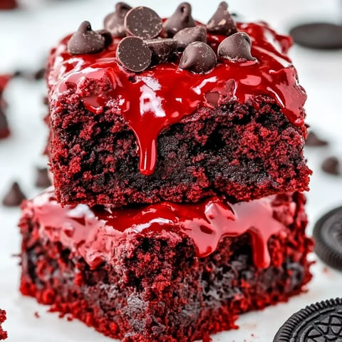 A close-up showing two thick red velvet bars packed with crushed Oreo pieces and chocolate chips, all sitting between scattered cookies and chocolate bits.