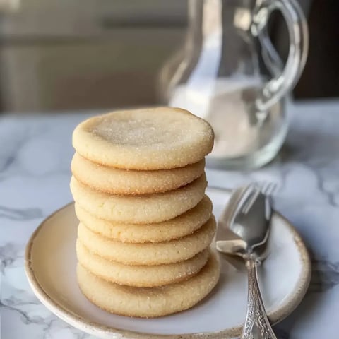 Seven sugar-coated cookies stacked on a plate, with a fork nearby and a sugar-filled glass pitcher in the background.
