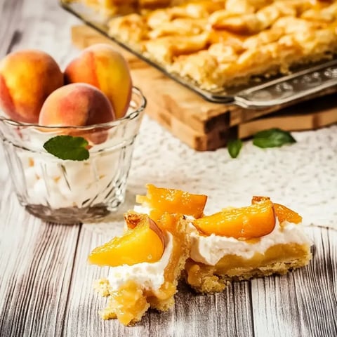 A whipped cream-topped slice of peachy dessert with fresh peaches in a glass dish to the side.