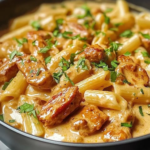 A rich, spicy pasta with chicken and parsley on top.