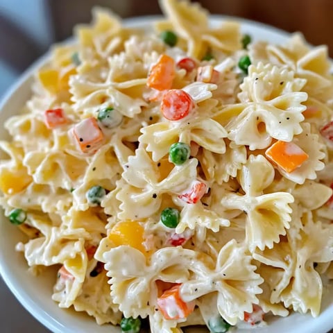 A bowl of creamy bowtie pasta salad with mixed veggies and cheese cubes.