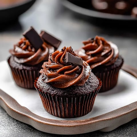 Three frosted chocolate cupcakes with chocolate chunks on top.