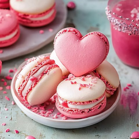 Pink and white macarons, including a heart, placed on a plate with sprinkles nearby.