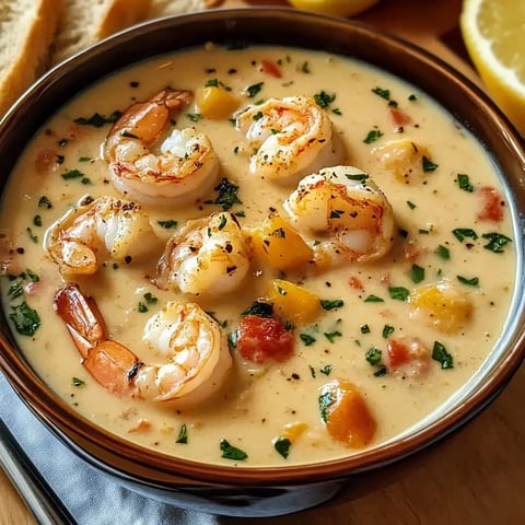A bowl of rich shrimp and corn soup topped with herbs, served alongside lemon wedges and bread slices.