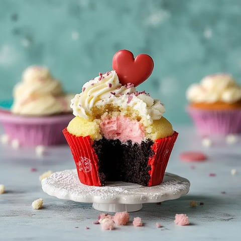 A frosted cupcake with a yellow top, pink filling, and chocolate bottom, featuring a red heart on top.