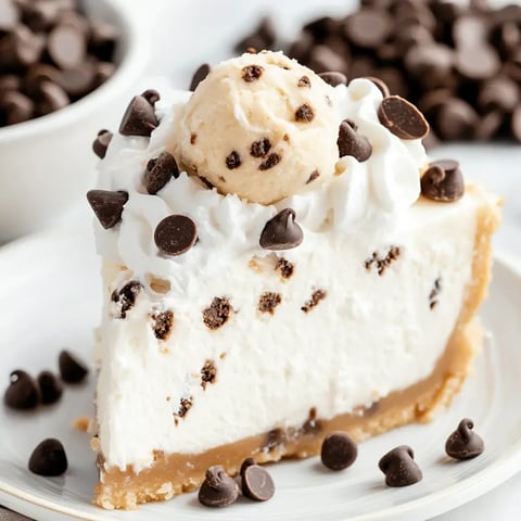 A chocolate chip cookie dough cheesecake slice topped with cream, cookie dough balls, and chips, sitting on a plate with chips in the background.
