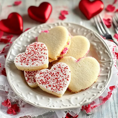 Heart-shaped cookies on a plate, sprinkled with red and white decorations, surrounded by small red hearts.