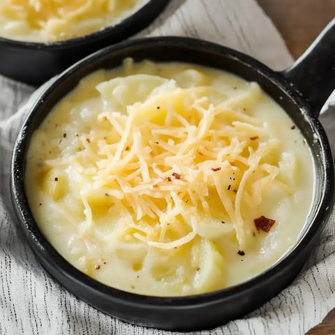 Close-up of a creamy potato soup bowl topped with shredded cheese and black pepper sprinkles.