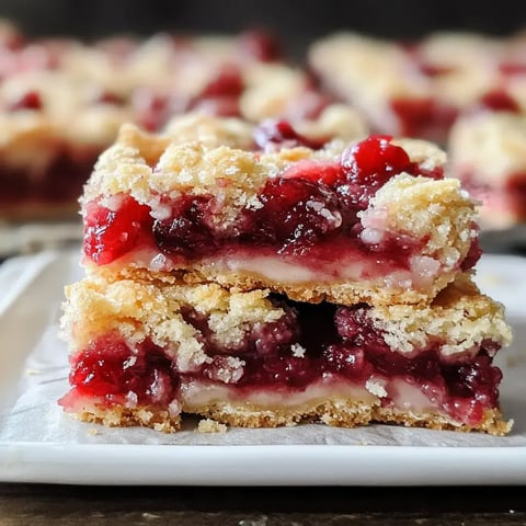 Stacked cherry-filled dessert bars with a crumb topping on display.